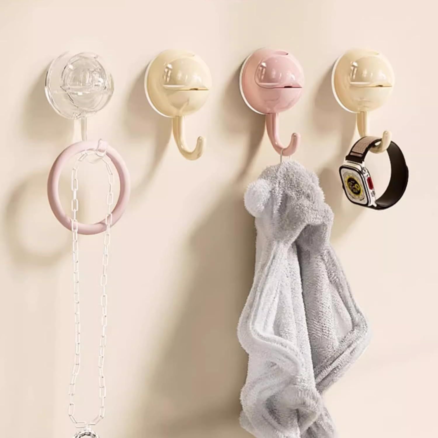 No-Drill Round Vacuum Suction Cup Hooks Pastel Colors, Strong Hold No-Trace Storage Hangers for Kitchen Bathroom Towel Clear Beige Pink,6