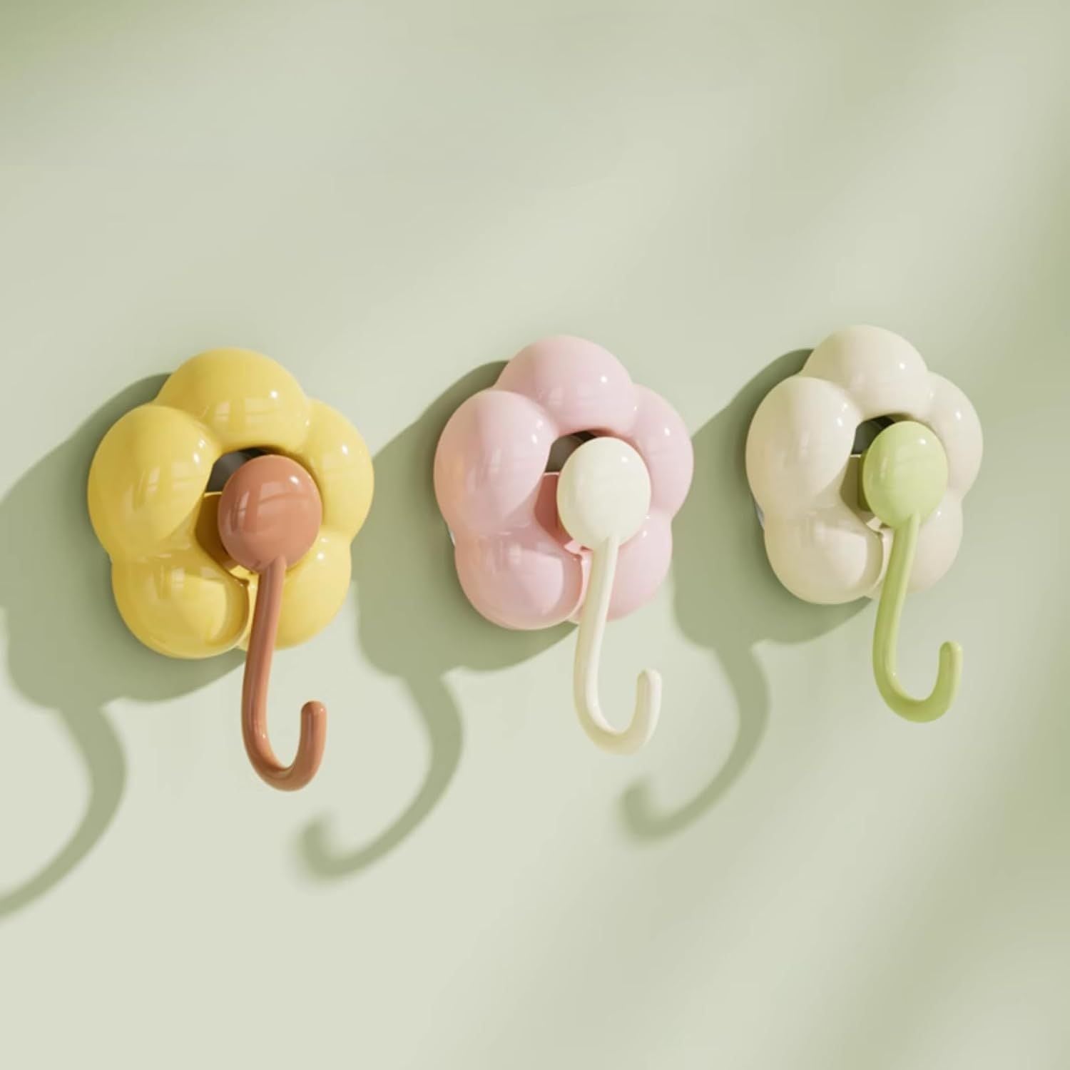 3 Pack No-Trace Vacuum Suction Cup Hooks, Floral Heavy Duty Storage Hangers for Home Bathroom Kitchen Door Back Yellow Pink Green