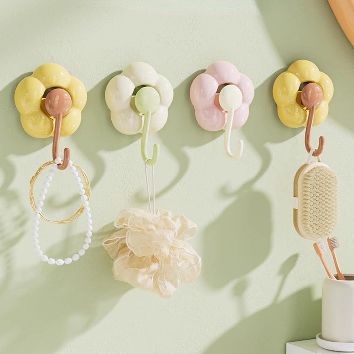 3 Pack No-Trace Vacuum Suction Cup Hooks, Floral Heavy Duty Storage Hangers for Home Bathroom Kitchen Door Back Yellow Pink Green