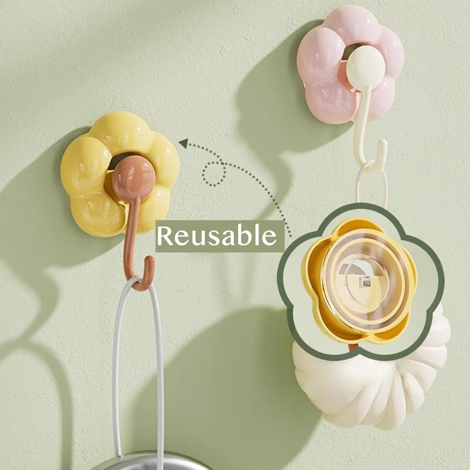3 Pack No-Trace Vacuum Suction Cup Hooks, Floral Heavy Duty Storage Hangers for Home Bathroom Kitchen Door Back Yellow Pink Green
