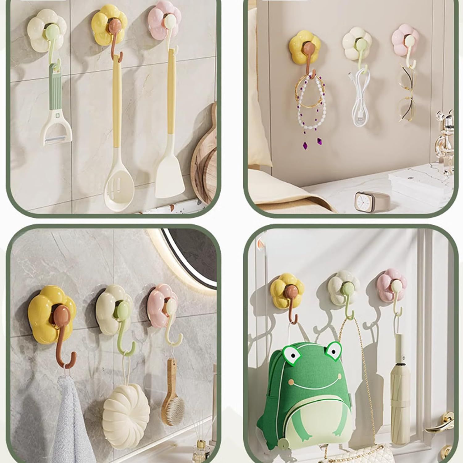 3 Pack No-Trace Vacuum Suction Cup Hooks, Floral Heavy Duty Storage Hangers for Home Bathroom Kitchen Door Back Yellow Pink Green