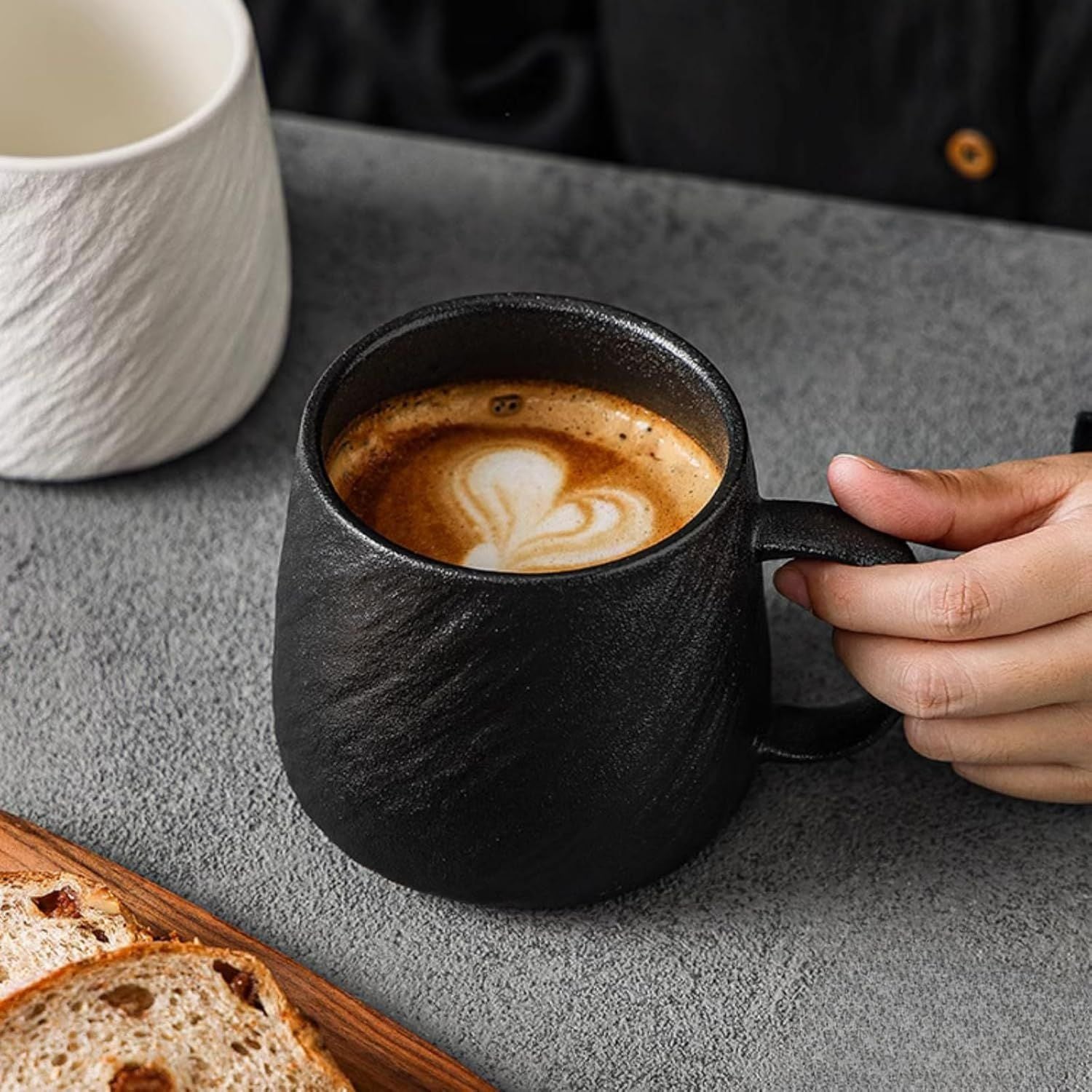 17 Oz Minimalist Ceramic Coffee Mug Tea Mug with Rock Texture Surface, Large Capacity Drinking Cup for Office Home black,17 Oz