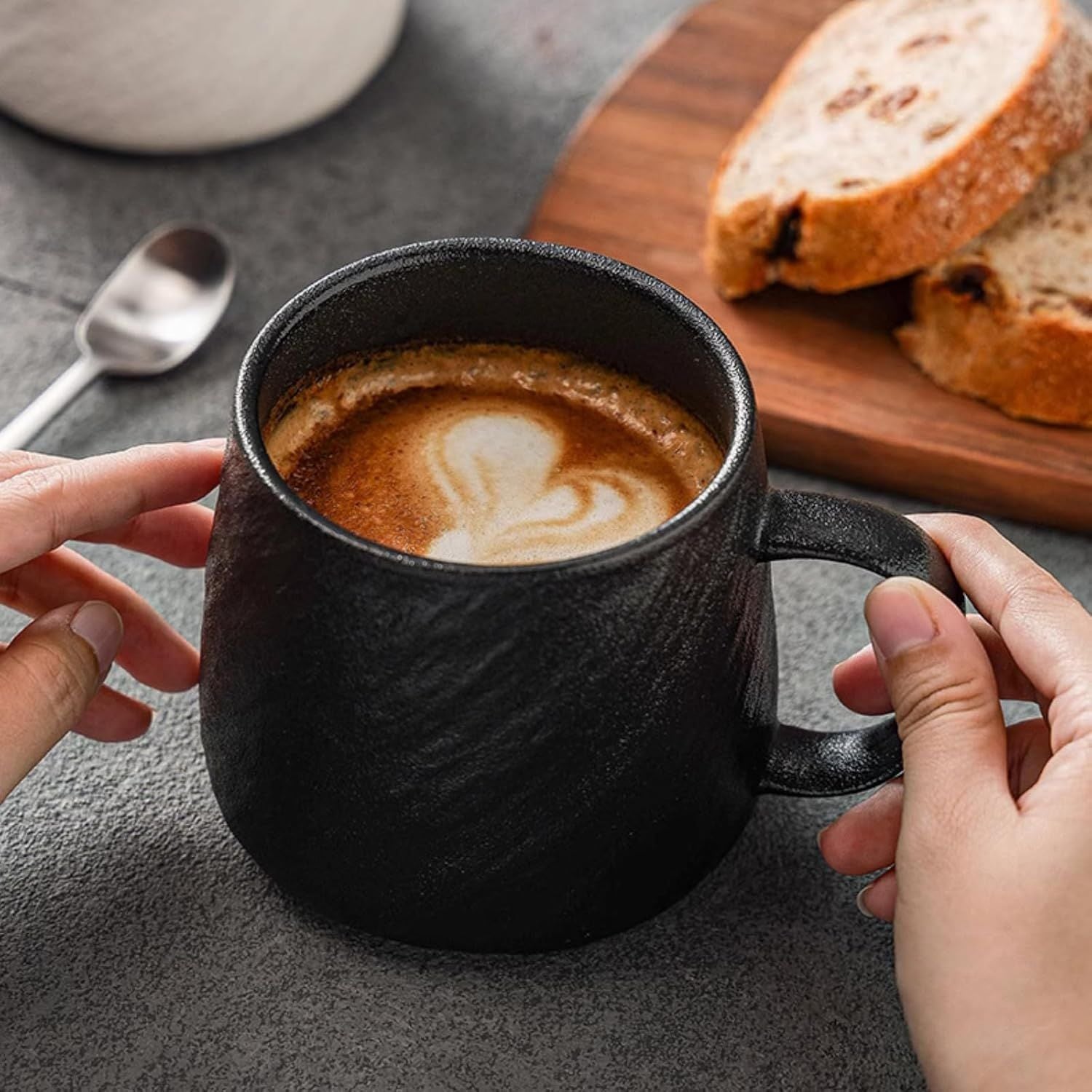 17 Oz Minimalist Ceramic Coffee Mug Tea Mug with Rock Texture Surface, Large Capacity Drinking Cup for Office Home black,17 Oz