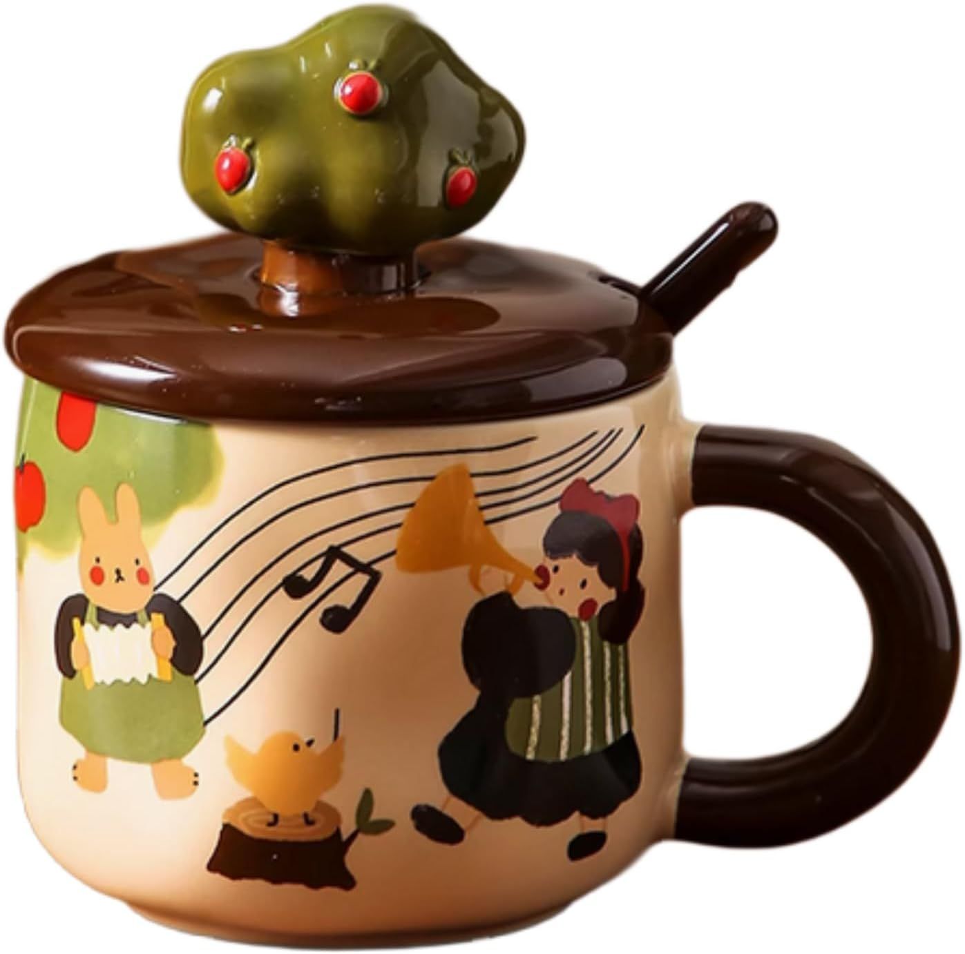 13 Oz Cute Apple Tree Girl Ceramic Coffee Mug Tea Mug with Lid and Leaf Spoon, Elegant Drinking Cup Gift for Women Music,13 Oz