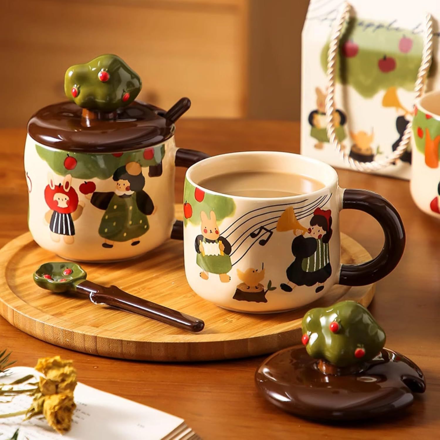 13 Oz Cute Apple Tree Girl Ceramic Coffee Mug Tea Mug with Lid and Leaf Spoon, Elegant Drinking Cup Gift for Women Music,13 Oz