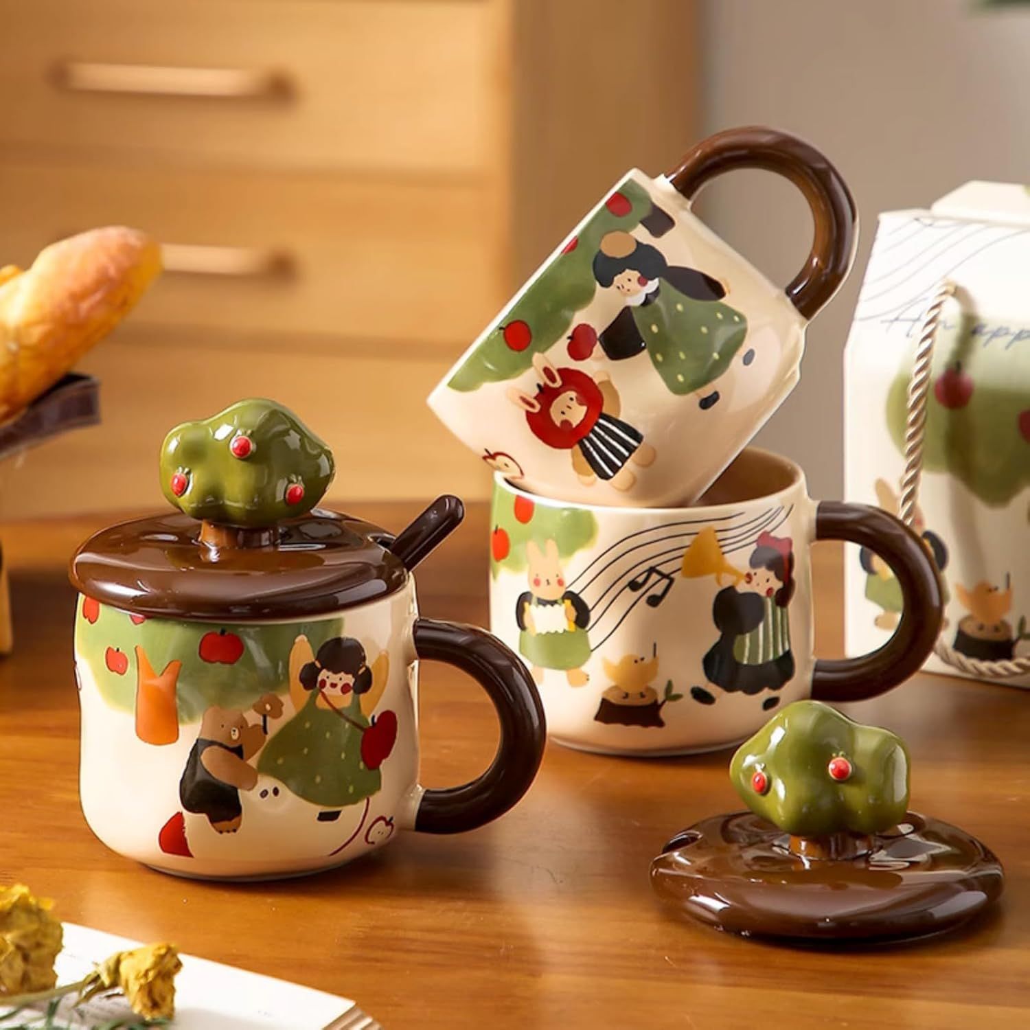 13 Oz Cute Apple Tree Girl Ceramic Coffee Mug Tea Mug with Lid and Leaf Spoon, Elegant Drinking Cup Gift for Women Music,13 Oz