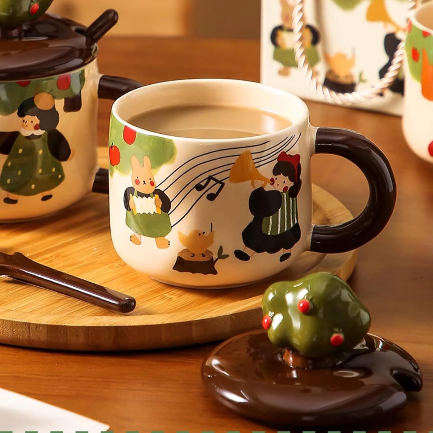 13 Oz Cute Apple Tree Girl Ceramic Coffee Mug Tea Mug with Lid and Leaf Spoon, Elegant Drinking Cup Gift for Women Music,13 Oz