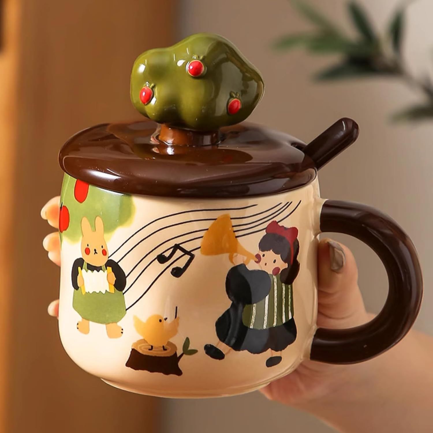 13 Oz Cute Apple Tree Girl Ceramic Coffee Mug Tea Mug with Lid and Leaf Spoon, Elegant Drinking Cup Gift for Women Music,13 Oz