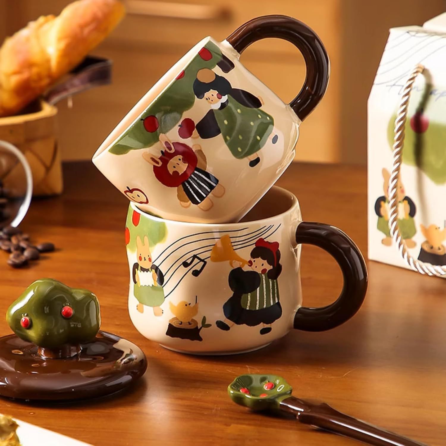 13 Oz Cute Apple Tree Girl Ceramic Coffee Mug Tea Mug with Lid and Leaf Spoon, Elegant Drinking Cup Gift for Women Music,13 Oz