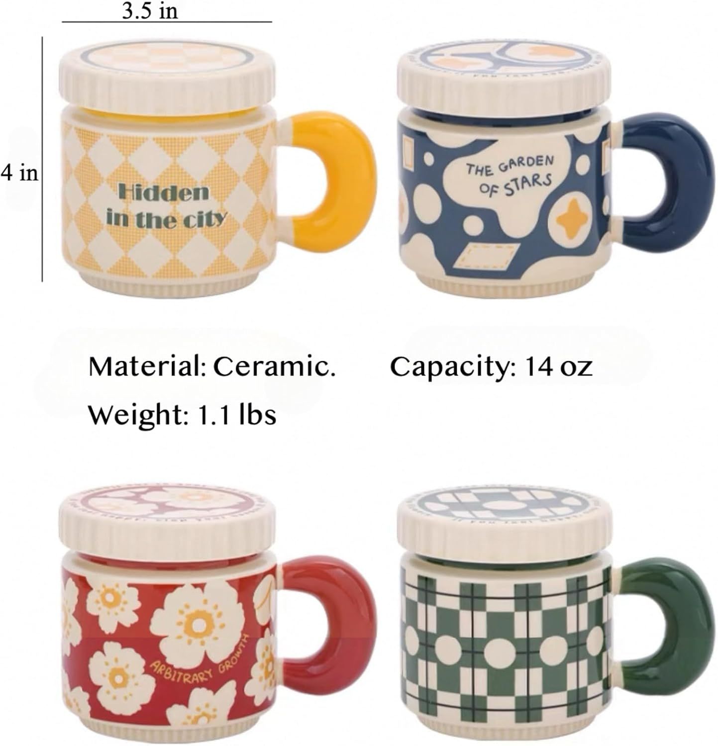 14 Oz Luxe Ceramic Coffee Mug Tea Mug with Lid Handle Floral/Stars/Plaid Design, Elegant Water Cup Cereal Bowl Ice Cream Bowl green,14 Oz