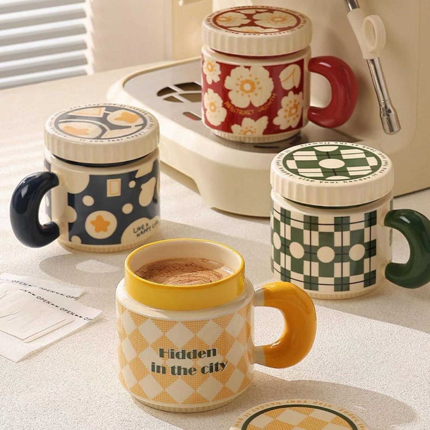 14 Oz Luxe Ceramic Coffee Mug Tea Mug with Lid Handle Floral/Stars/Plaid Design, Elegant Water Cup Cereal Bowl Ice Cream Bowl green,14 Oz