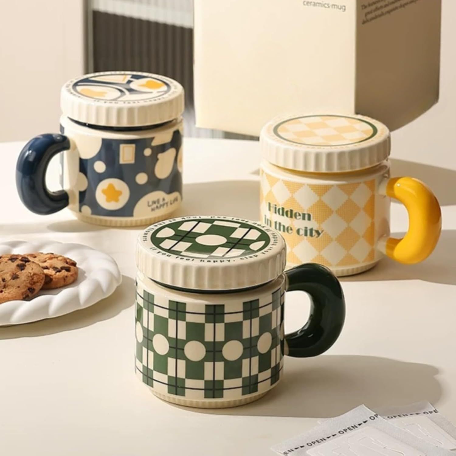 14 Oz Luxe Ceramic Coffee Mug Tea Mug with Lid Handle Floral/Stars/Plaid Design, Elegant Water Cup Cereal Bowl Ice Cream Bowl green,14 Oz