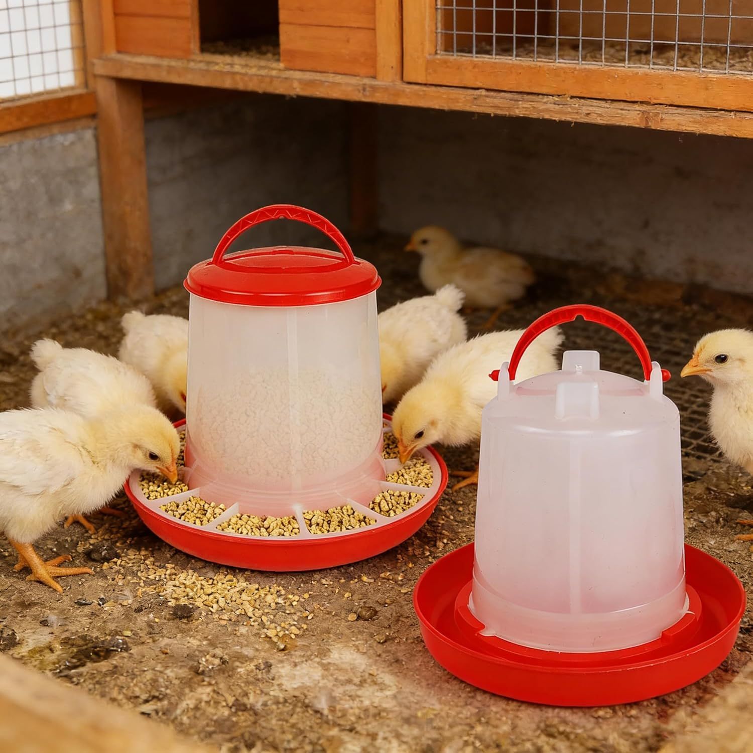 Chick Feeder and Waterer Set – 1 LB + 1 L Hanging Plastic Containers for Outdoor Baby Chicks Small Poultry Drinkers Feeders