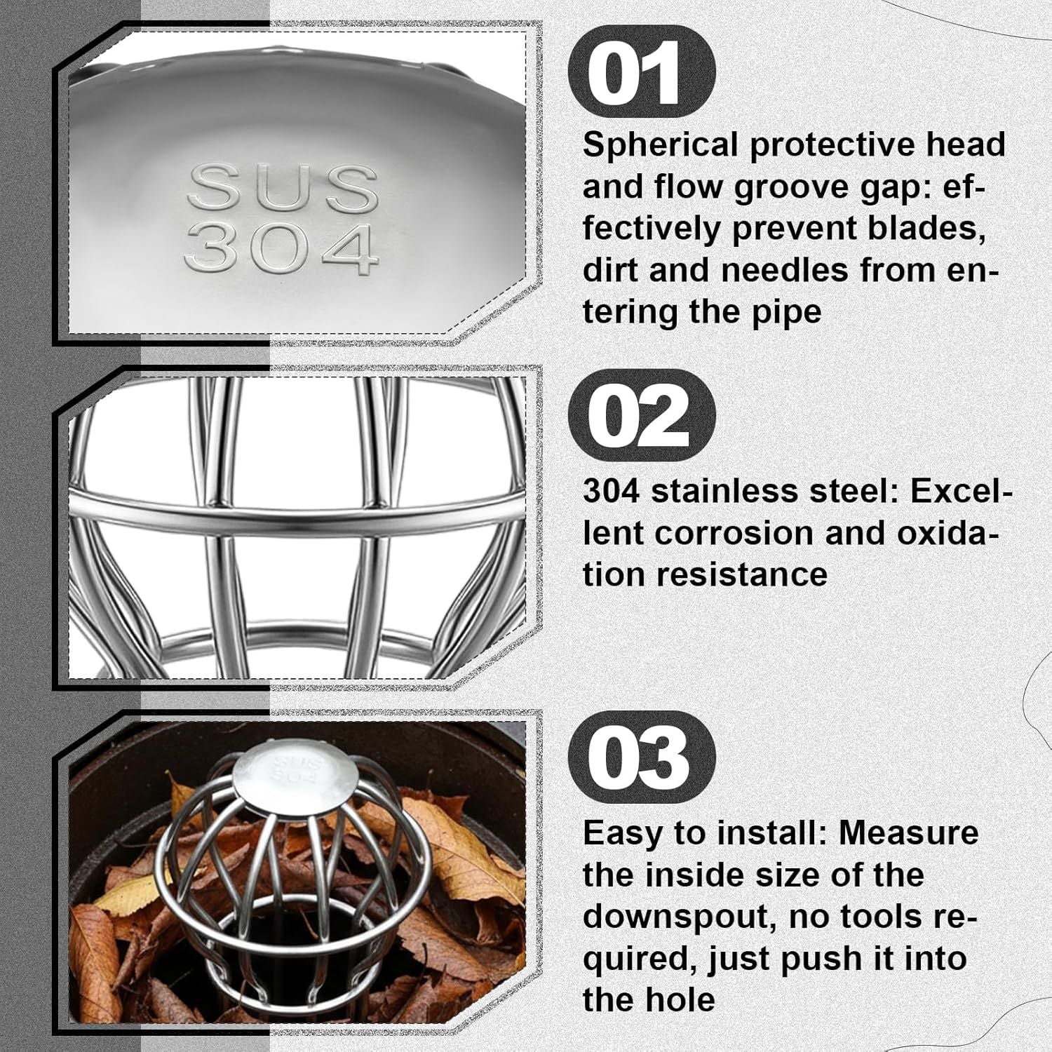 6 Pack Gutter Guard 2 Inch, 304 Stainless Steel Filter Strainer Fits 1.7" to 2.4" Downspout Filter Protector for Blockage Leaves, Seeds, Twigs and Debris