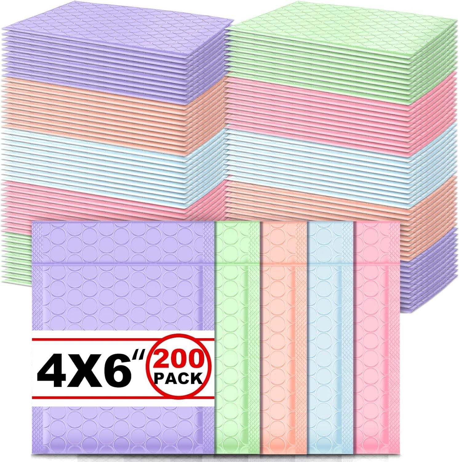 200 Pcs Bubble Mailer 4 x 6 Inch Small Shipping Bags Waterproof Padded Envelopes Self Adhesive Poly Bubble Packaging Envelopes Bulk for Shipping Mailing Trading Card Packaging Pastel Color