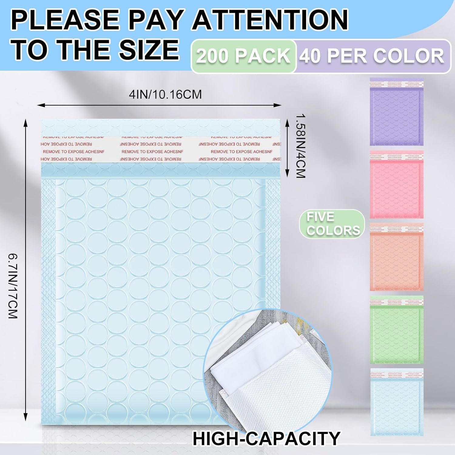 200 Pcs Bubble Mailer 4 x 6 Inch Small Shipping Bags Waterproof Padded Envelopes Self Adhesive Poly Bubble Packaging Envelopes Bulk for Shipping Mailing Trading Card Packaging Pastel Color