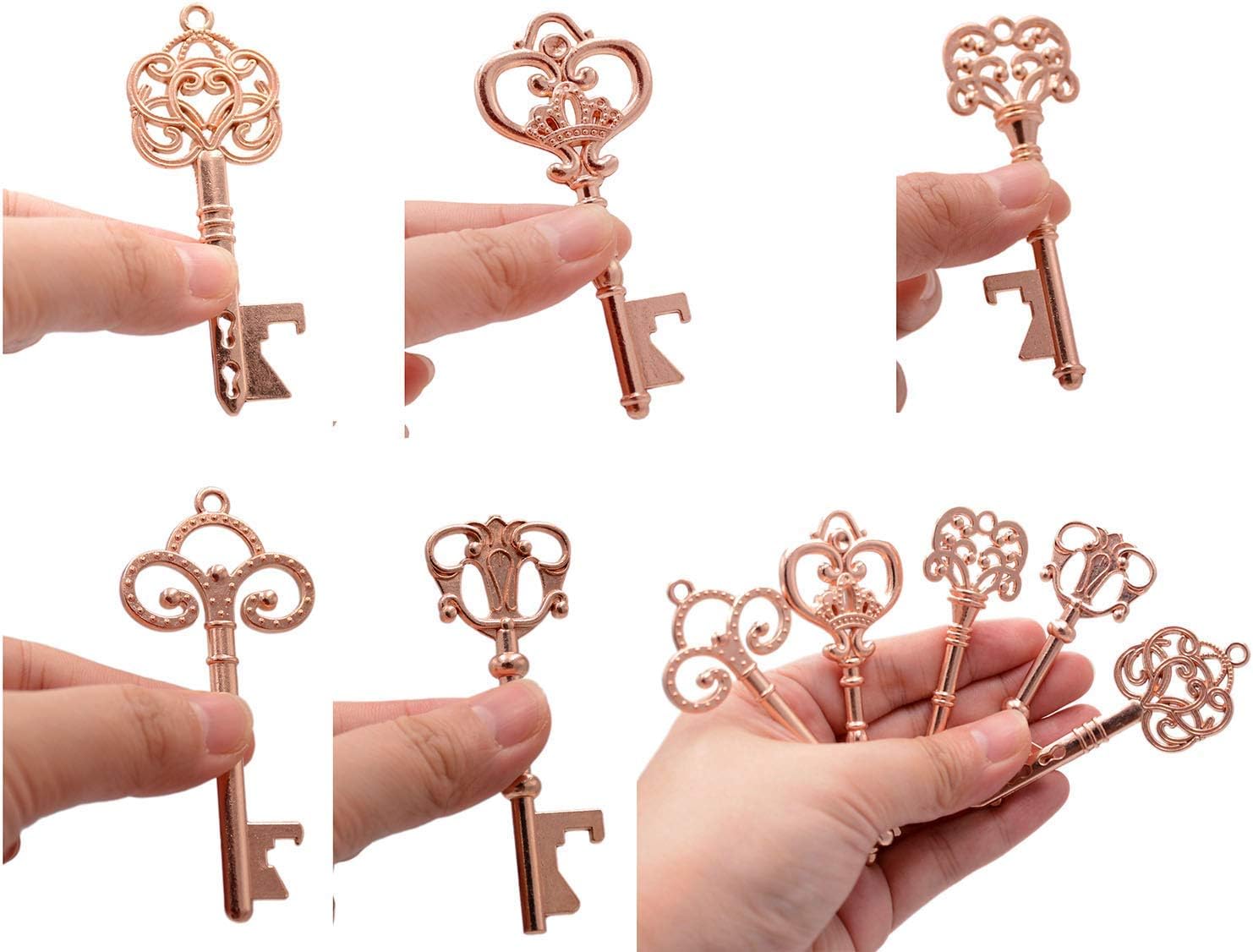 50pcs Rose Gold Skeleton Key Beer Bottle Opener With 100 Pcs Thank You Card and 98 Feet Hemp Rope for Wedding Party Favors