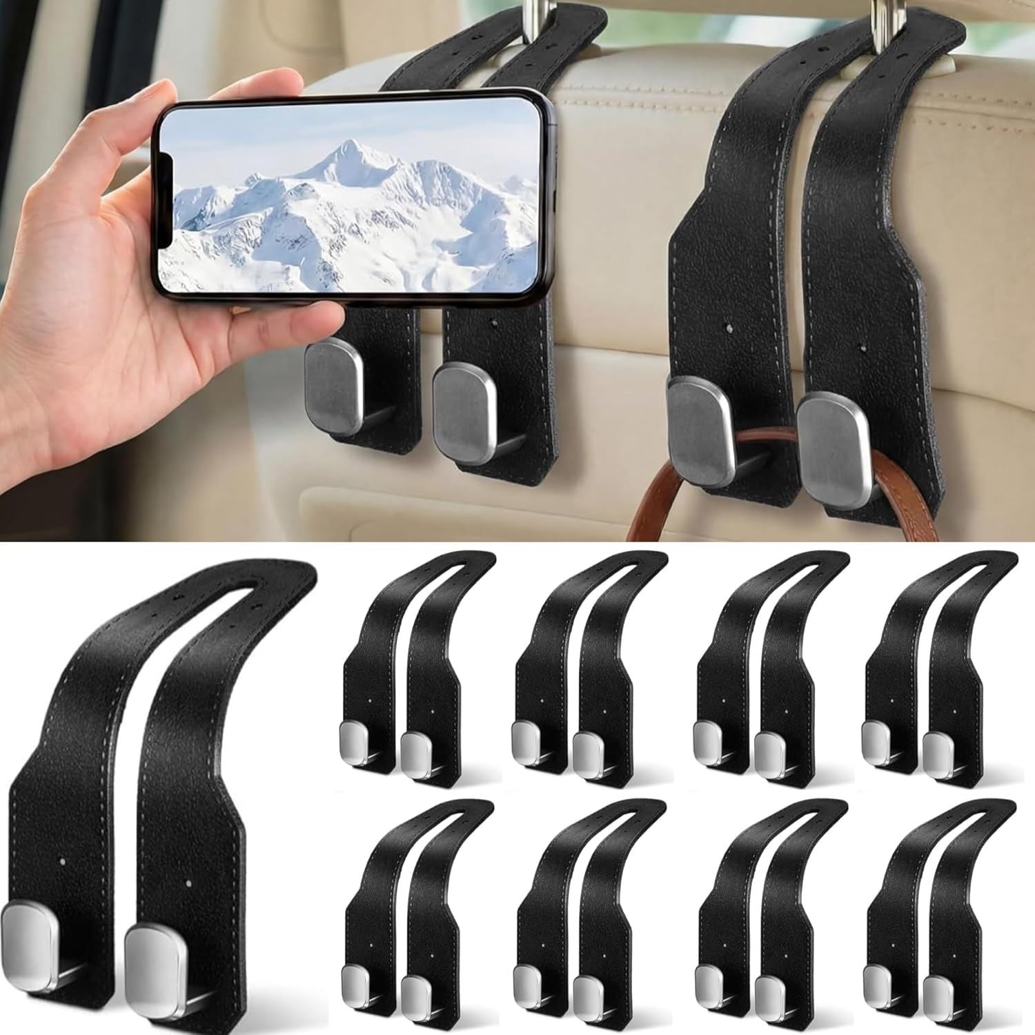 8 Pcs Car Headrest Hooks Purse Holder for Car Seat Headrest Universal Leather Bag Holder with Double Metal Hooks Seat Back Hanger for Handbags Grocery Bags Phones Black