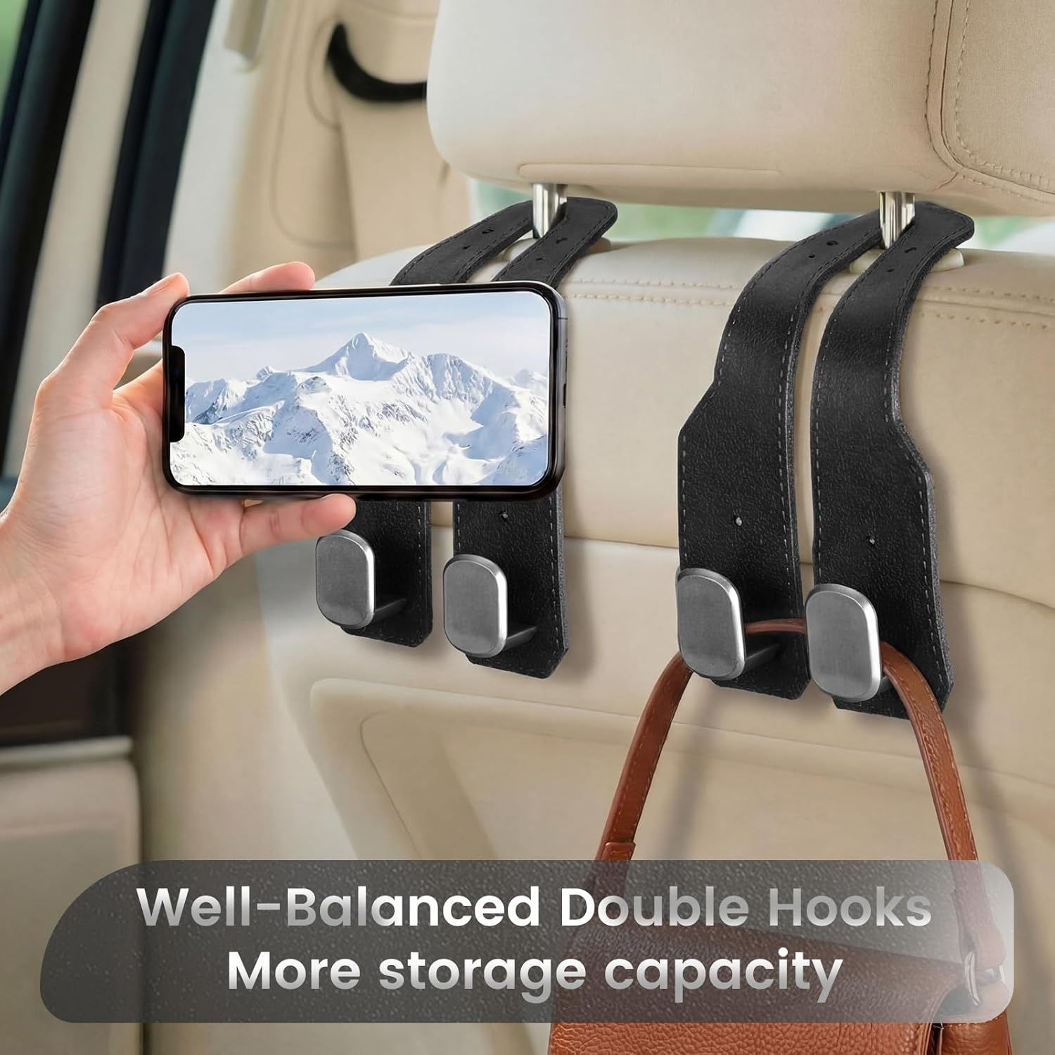 8 Pcs Car Headrest Hooks Purse Holder for Car Seat Headrest Universal Leather Bag Holder with Double Metal Hooks Seat Back Hanger for Handbags Grocery Bags Phones Black