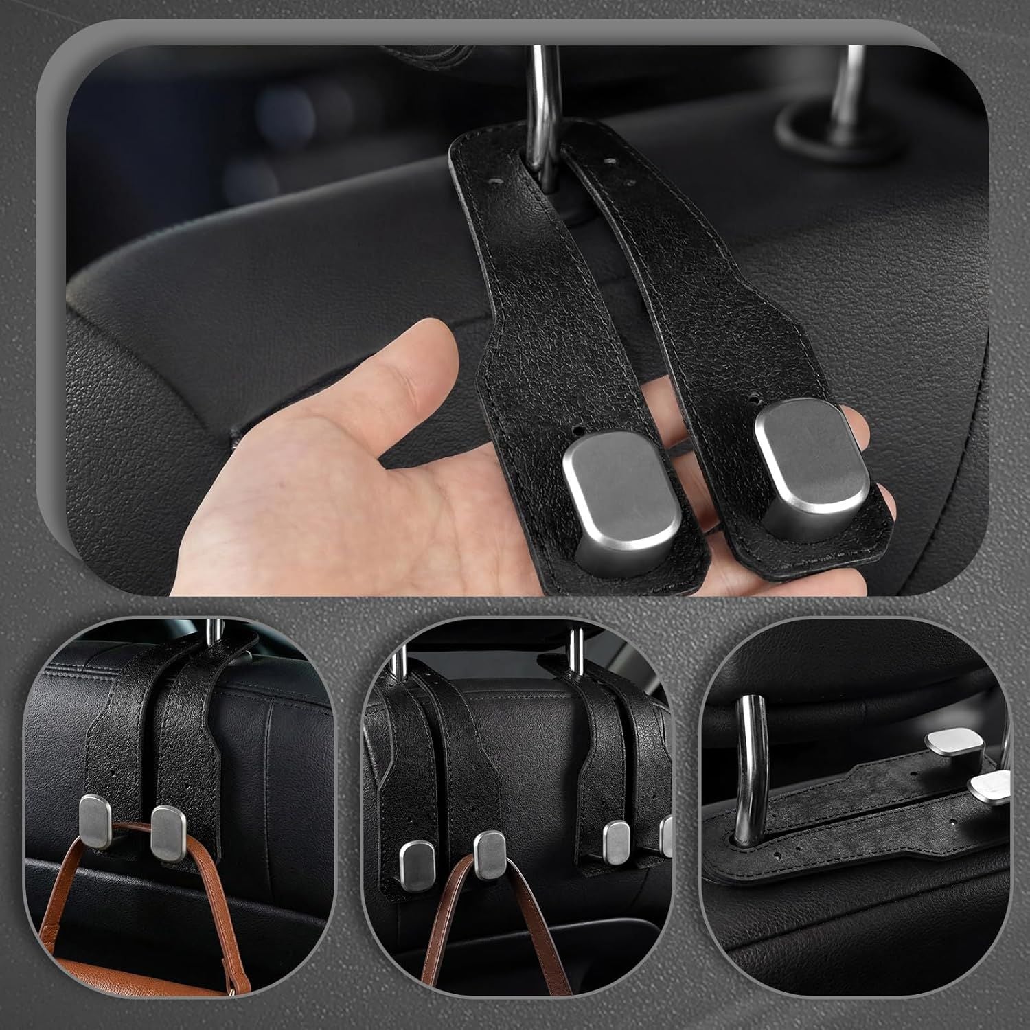 8 Pcs Car Headrest Hooks Purse Holder for Car Seat Headrest Universal Leather Bag Holder with Double Metal Hooks Seat Back Hanger for Handbags Grocery Bags Phones Black