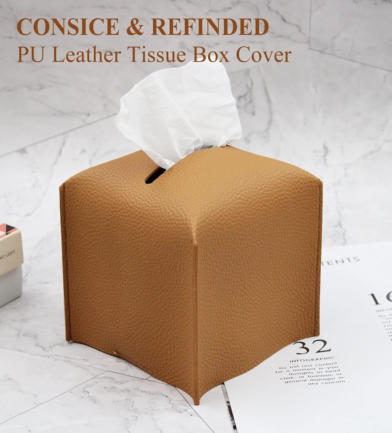 Tissue Box Cover, Modern PU Leather Tissue Box Holder - Decorative Holder/Organizer for Bathroom Vanity Countertop, Night Stands, Office Desk & Car