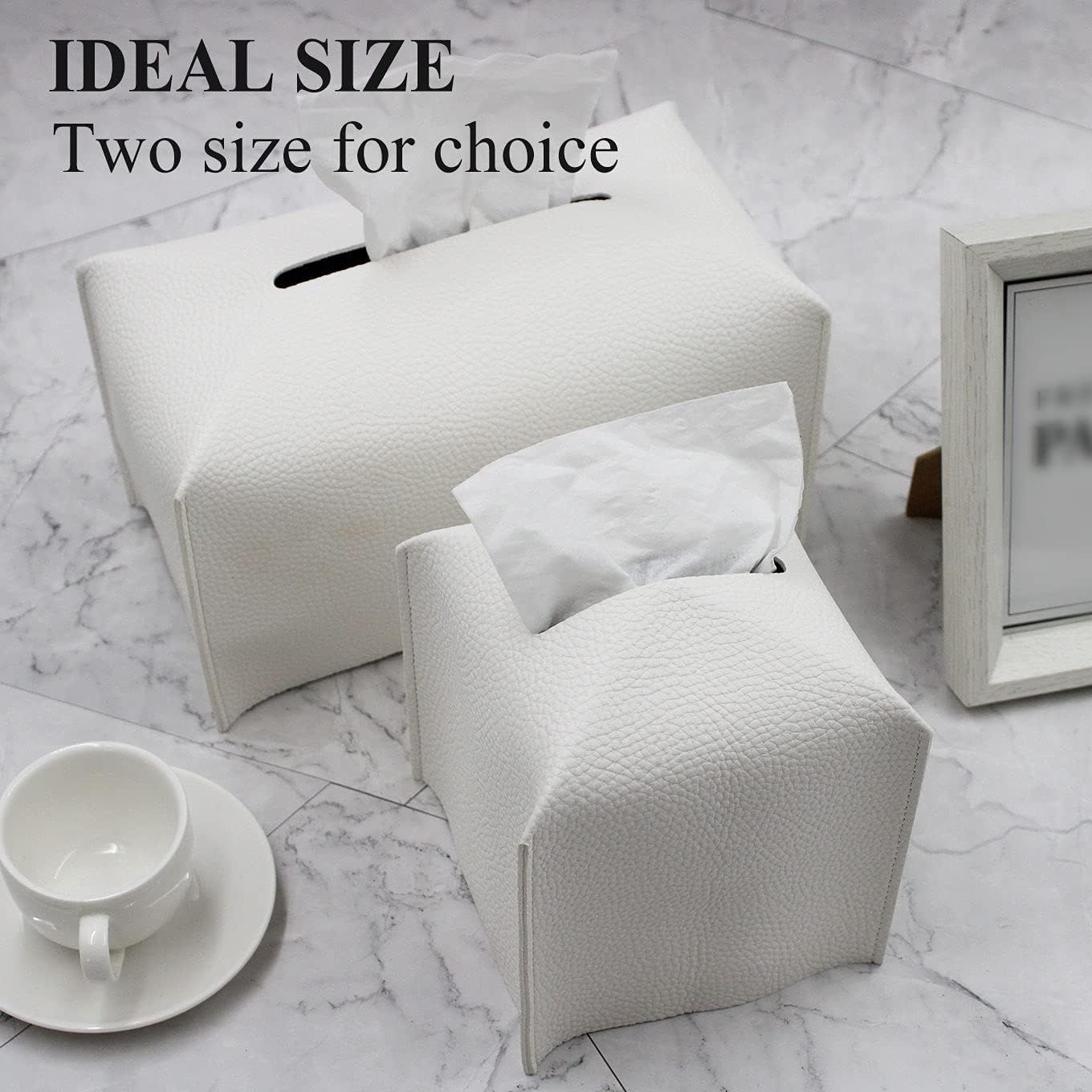 Tissue Box Cover, Modern PU Leather Tissue Box Holder - Decorative Holder/Organizer for Bathroom Vanity Countertop, Night Stands, Office Desk & Car - Off White