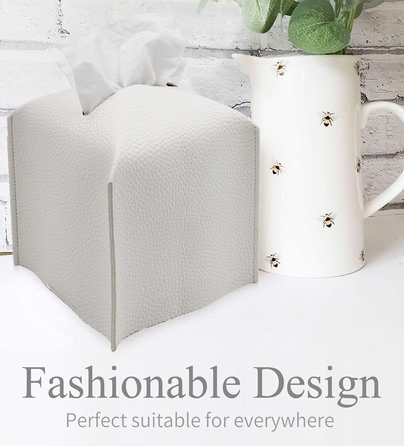 Tissue Box Cover, Modern PU Leather Tissue Box Holder - Decorative Holder/Organizer for Bathroom Vanity Countertop, Night Stands, Office Desk & Car - Off White
