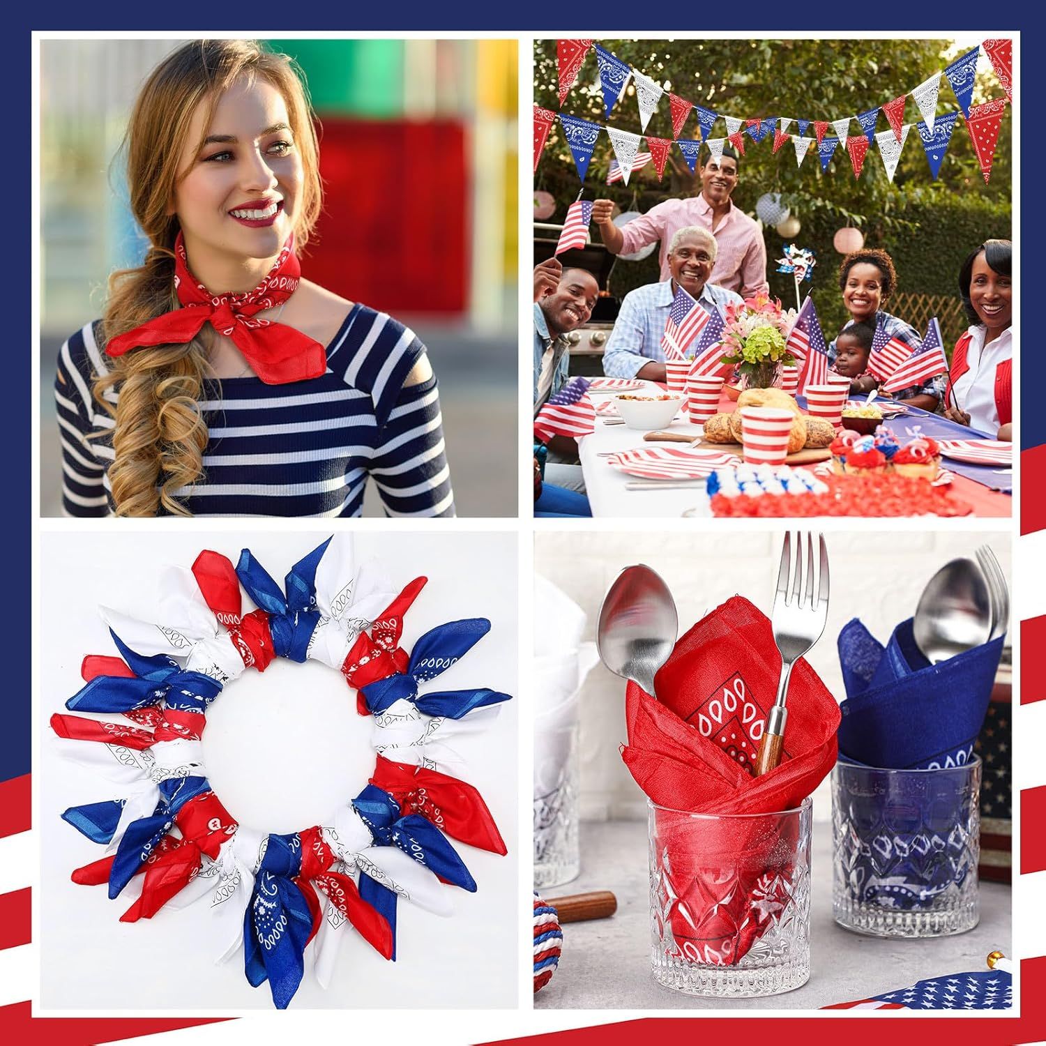 24 Pcs Paisley Bandanas Red White Blue Headband for Men and Women 4th of July 250 Anniversary Versatile Decoration Handkerchief Patriotic Bandana for Tabletop Wreath Banner Flags Decor