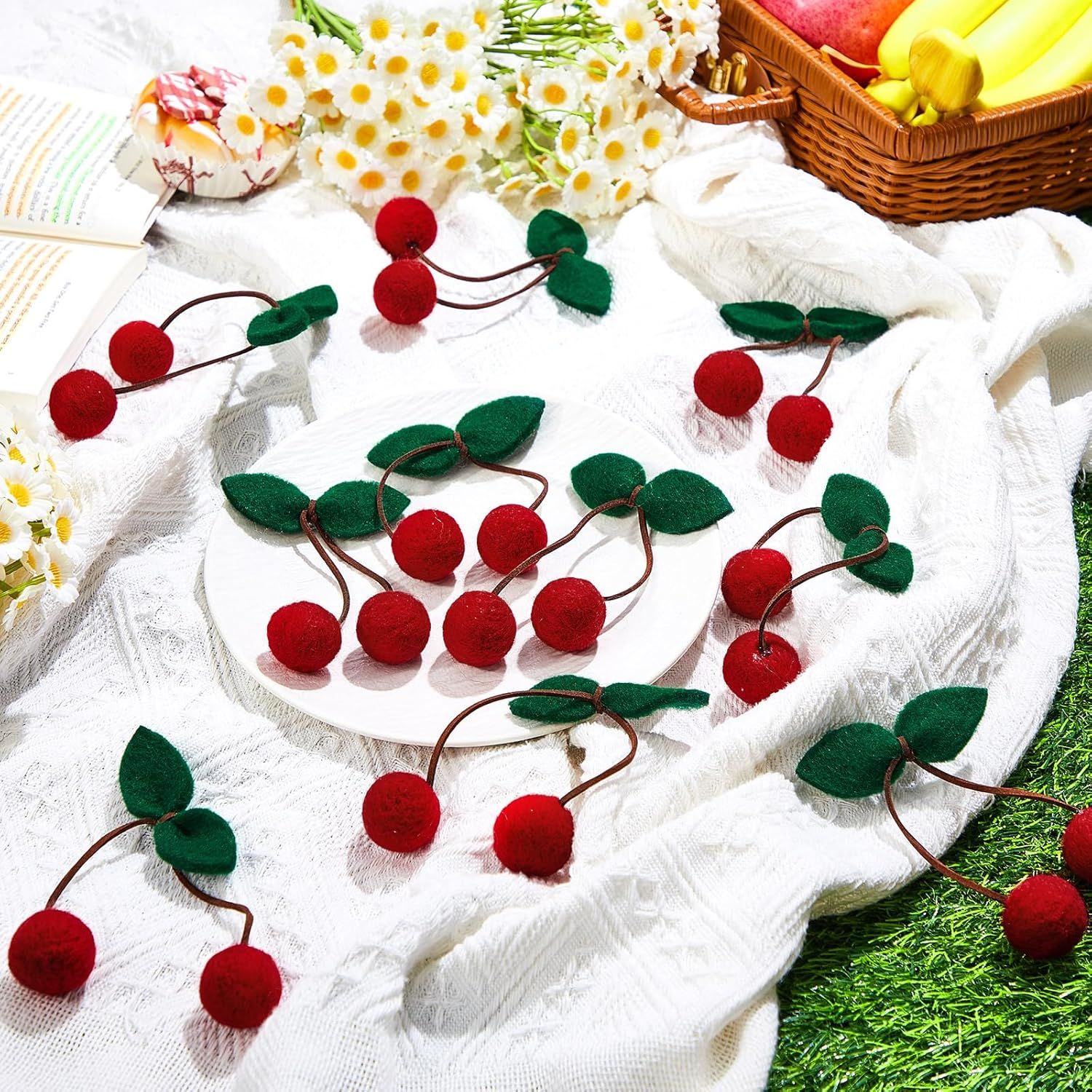 20 Pcs Cherry Party Decor Cherry Felt Balls DIY Garland Craft Handmade Cute Wool Pompom Fruit Baby Shower Decorations for Birthday Baby Shower Party Wedding Home Favors