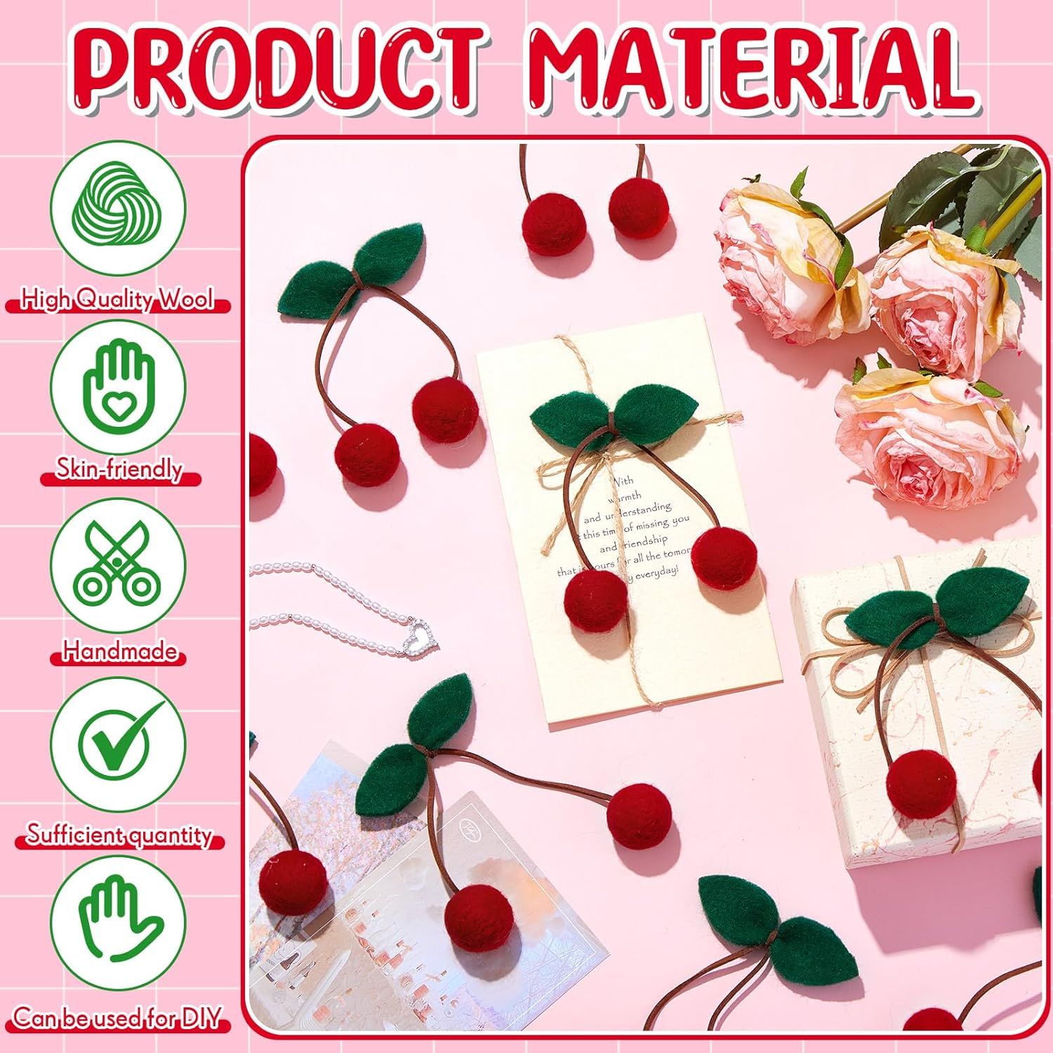 20 Pcs Cherry Party Decor Cherry Felt Balls DIY Garland Craft Handmade Cute Wool Pompom Fruit Baby Shower Decorations for Birthday Baby Shower Party Wedding Home Favors