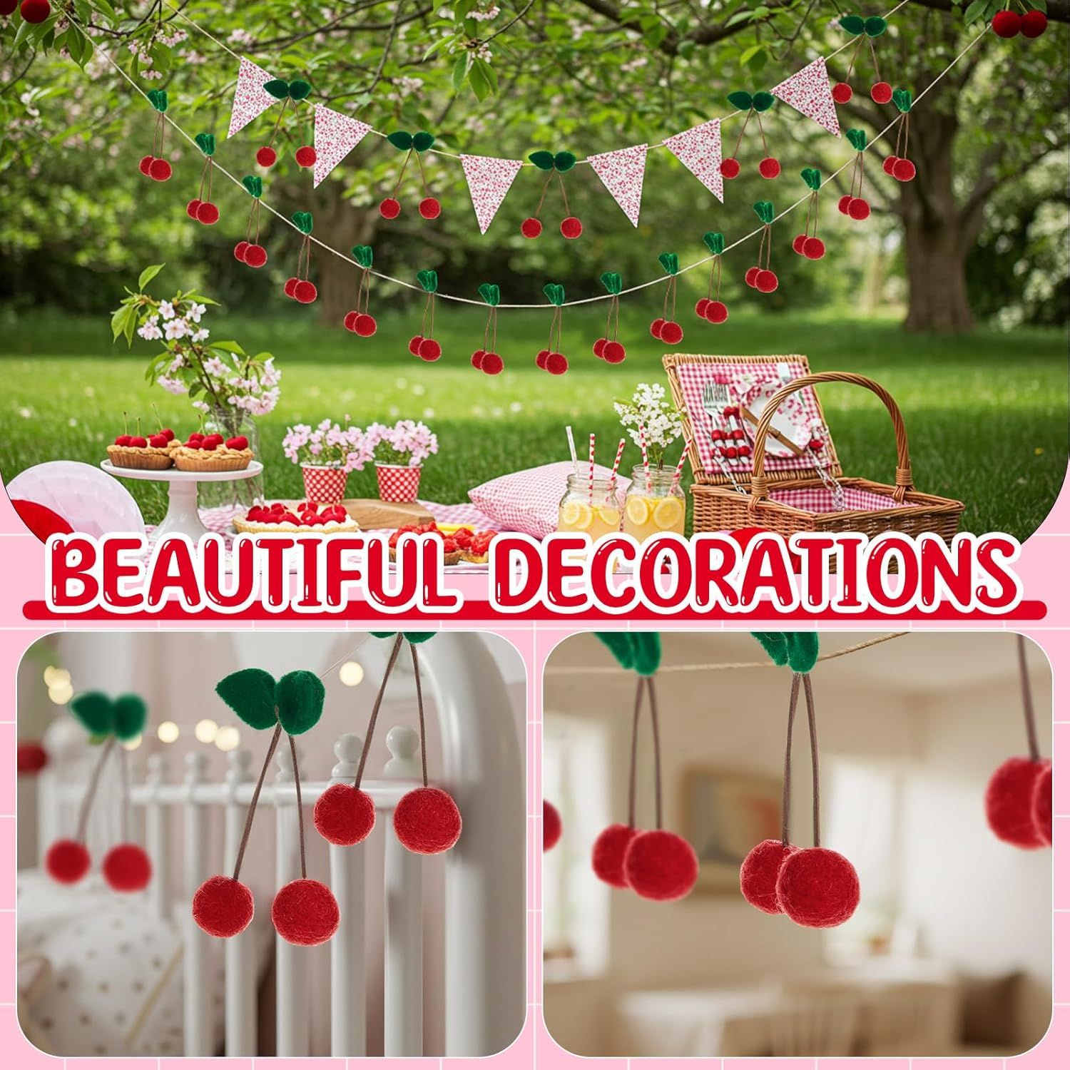 20 Pcs Cherry Party Decor Cherry Felt Balls DIY Garland Craft Handmade Cute Wool Pompom Fruit Baby Shower Decorations for Birthday Baby Shower Party Wedding Home Favors