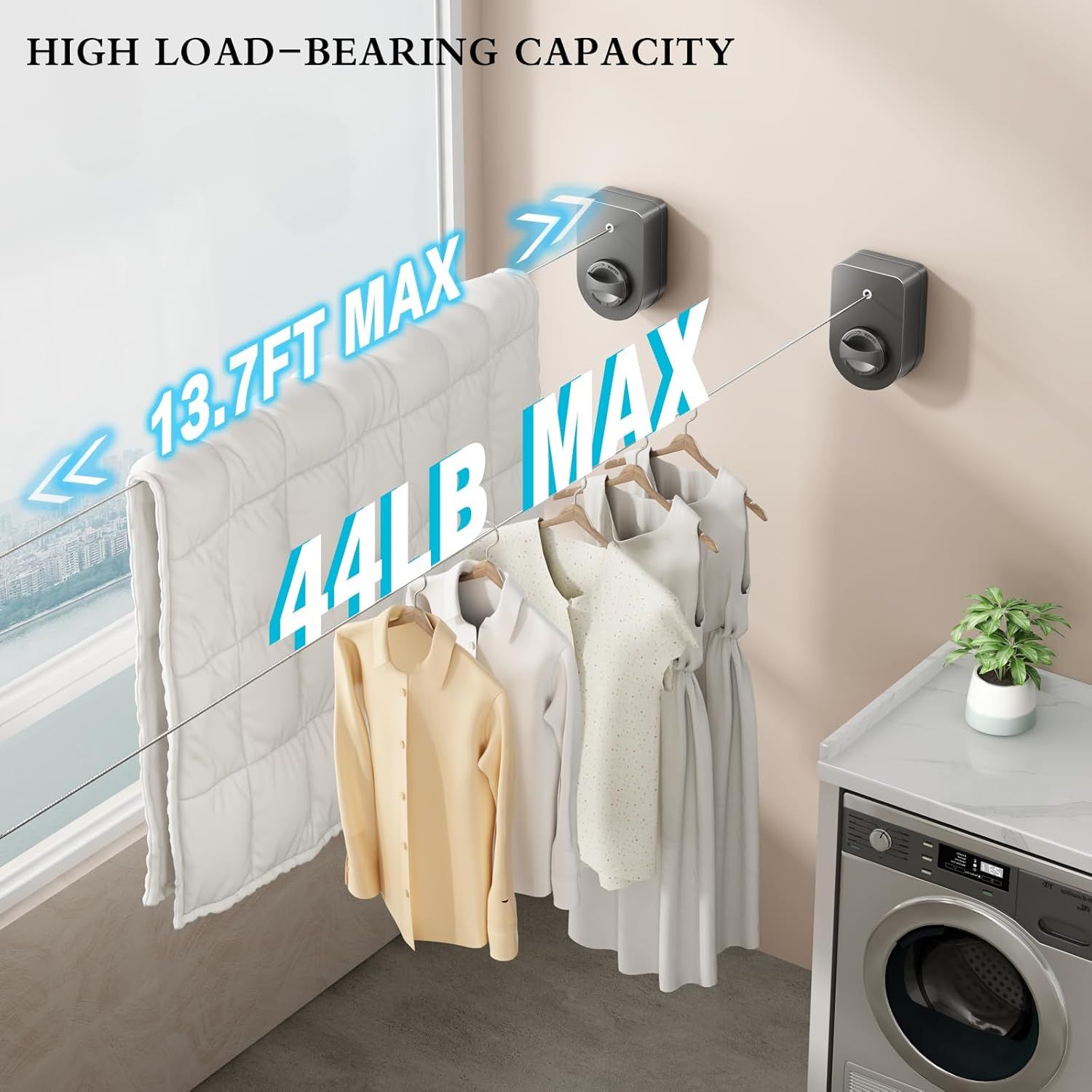 Retractable Clothesline Indoor, Non-Sagging Clothes Line Outdoors,13.7 Ft Heavy Duty Clothesline with Telescopic Hanging Rod, Wall Mounted Space-Saving Laundry Line Gray