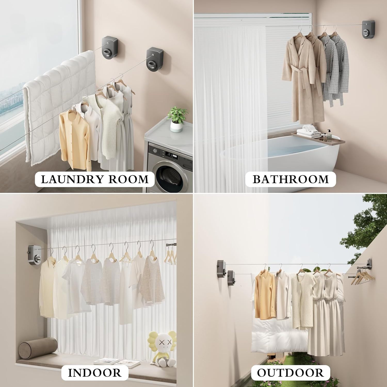 Retractable Clothesline Indoor, Non-Sagging Clothes Line Outdoors,13.7 Ft Heavy Duty Clothesline with Telescopic Hanging Rod, Wall Mounted Space-Saving Laundry Line Gray