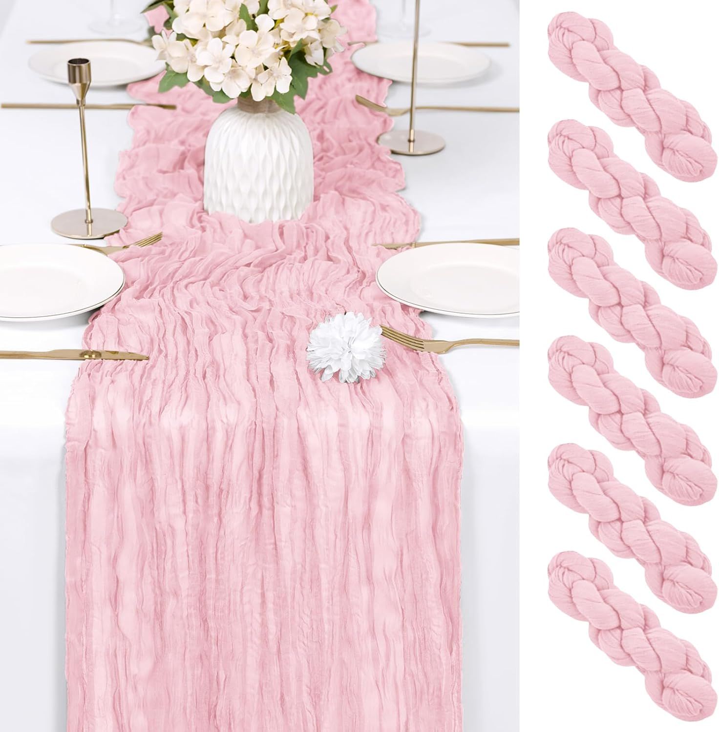 6 Pack Light Pink Cheesecloth Table Runner 17x108 Inch Semi Sheer Boho Gauze Cheese Cloth Fabric Table Runners Table Decor for Wedding Party Baby Shower Birthday Home Decor Garden Farmhouse