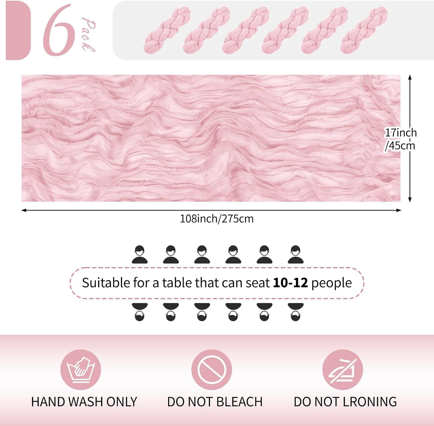 6 Pack Light Pink Cheesecloth Table Runner 17x108 Inch Semi Sheer Boho Gauze Cheese Cloth Fabric Table Runners Table Decor for Wedding Party Baby Shower Birthday Home Decor Garden Farmhouse