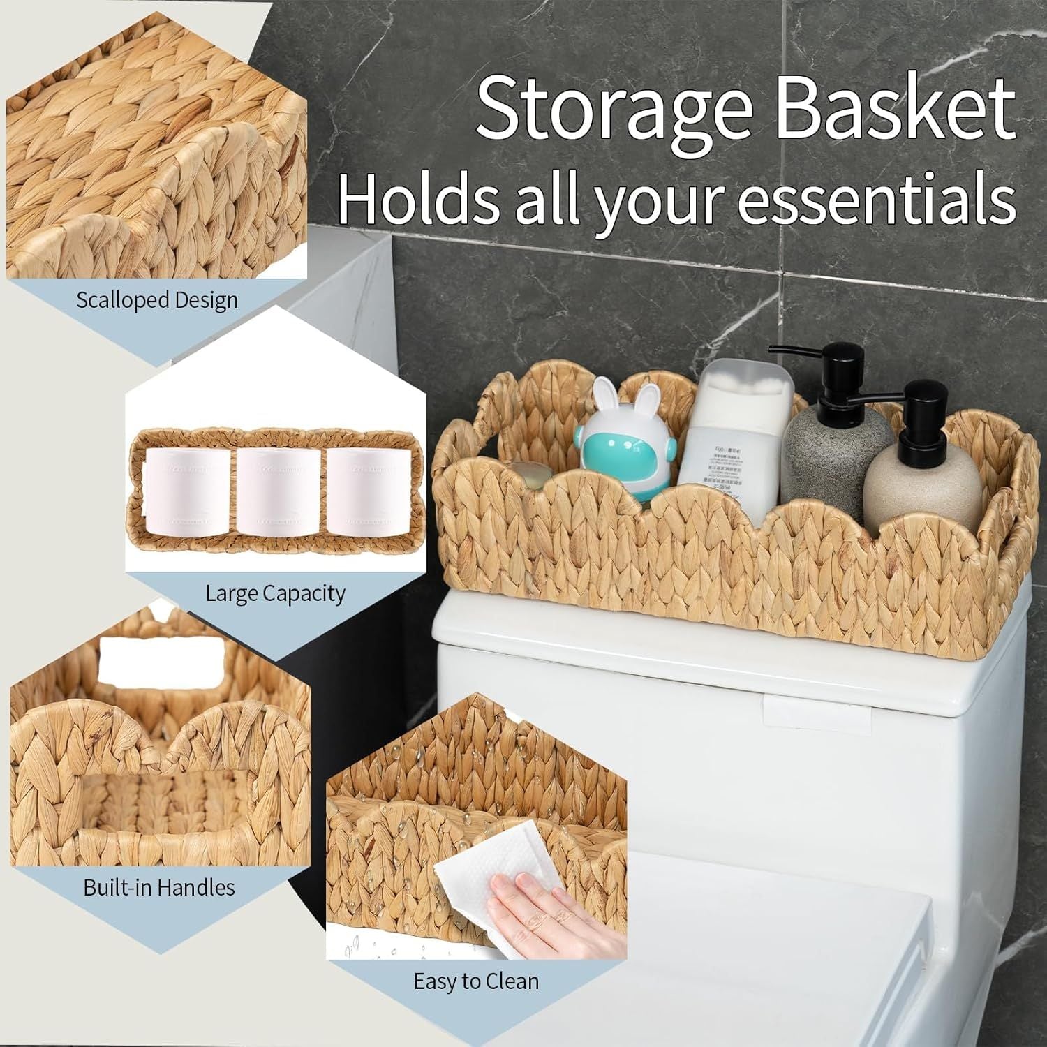Toilet Tank Basket for Bathroom,Scalloped Edge Wicker Basket for Toilet Paper Storage,Small Baskets for Countertop,Shelves,Living Room,Bedroom,Both Organizer&Decor,Natural Water Hyacinth
