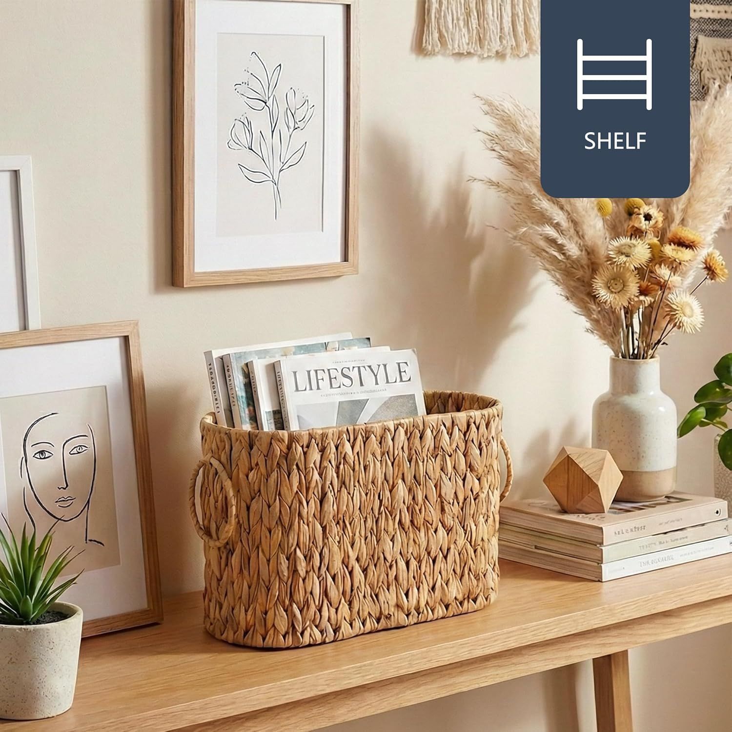 Toilet Paper Storage Basket, Water Hyacinth Toilet Paper Holder for Up to 6 Mega Rolls, Wicker Basket for Bathroom Accessories Organizer, Boho Hand Woven Rattan Decorative Decor, Natural