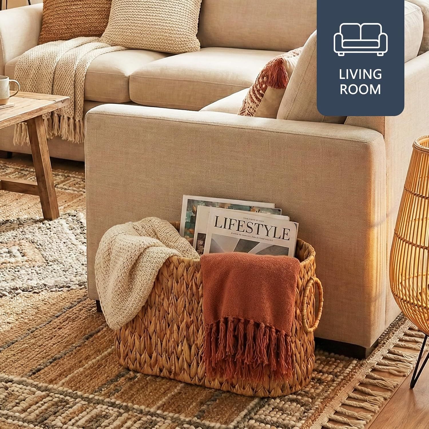 Toilet Paper Storage Basket, Water Hyacinth Toilet Paper Holder for Up to 6 Mega Rolls, Wicker Basket for Bathroom Accessories Organizer, Boho Hand Woven Rattan Decorative Decor, Natural