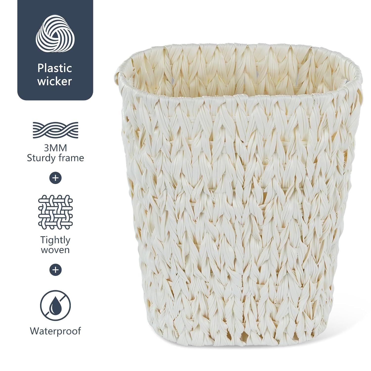 Wicker Trash Can,Bathroom Trash Can,Waterproof Wicker Waste Basket for Bathroom,Narrow Small Waste Basket for Bedroom,Office, Cream White 5 Gallon