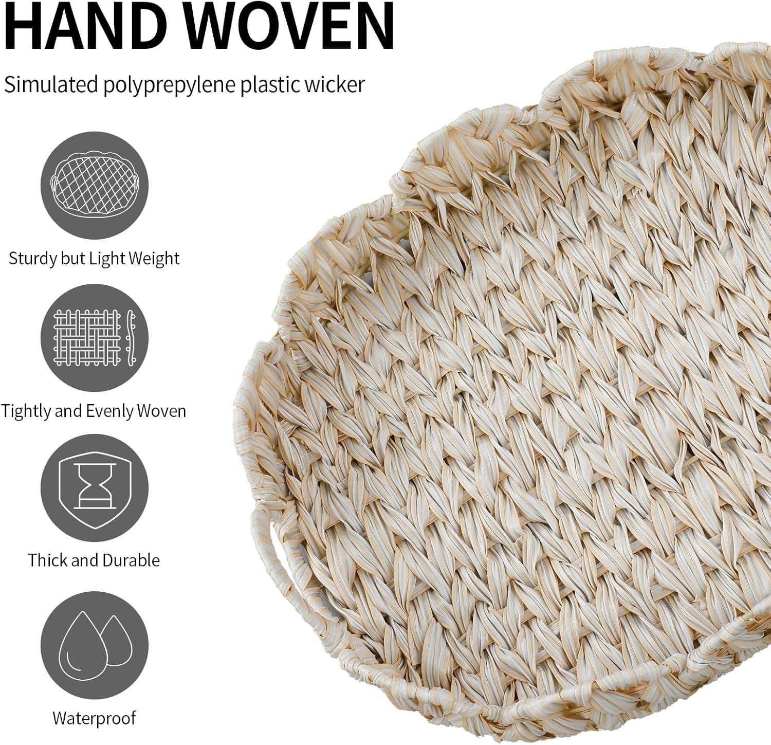 16.5 inch Round Wicker Tray, Boho Decorative Coffee Table Tray,Woven Serving Tray with Handles,Wicker Scallop Basket
