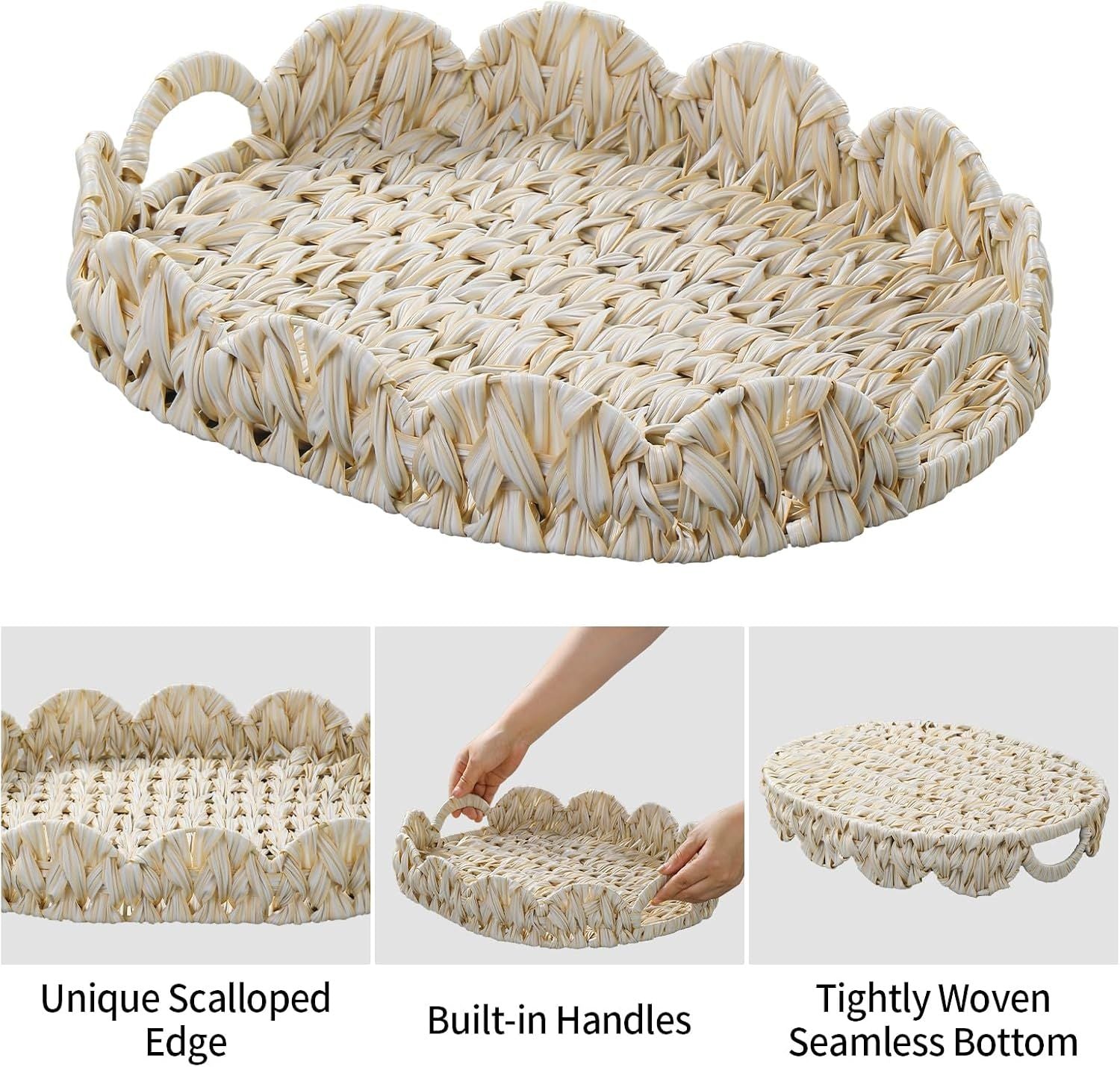 16.5 inch Round Wicker Tray, Boho Decorative Coffee Table Tray,Woven Serving Tray with Handles,Wicker Scallop Basket