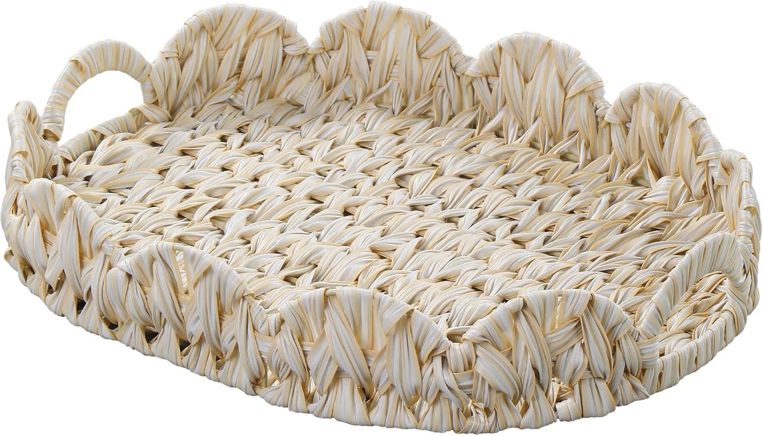 16.5 inch Round Wicker Tray, Boho Decorative Coffee Table Tray,Woven Serving Tray with Handles,Wicker Scallop Basket