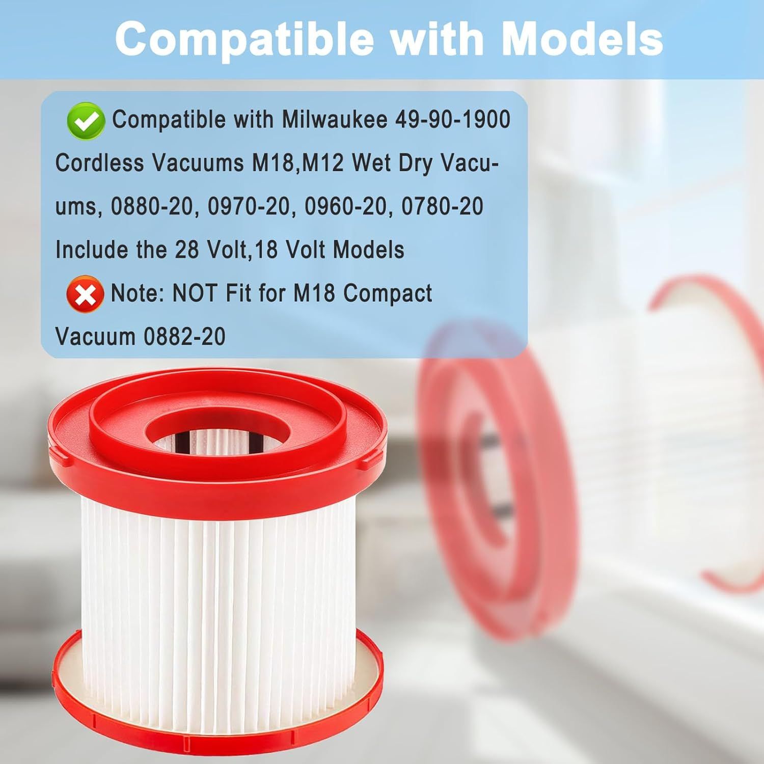 2 Pack Wet Dry Vacuum HEPA Filter 49-90-1900 Filter Compatible With Milwaukee Cordless M18 M12 M28 Vacuums 0780-20,0880-20,0960-20, 0970-20