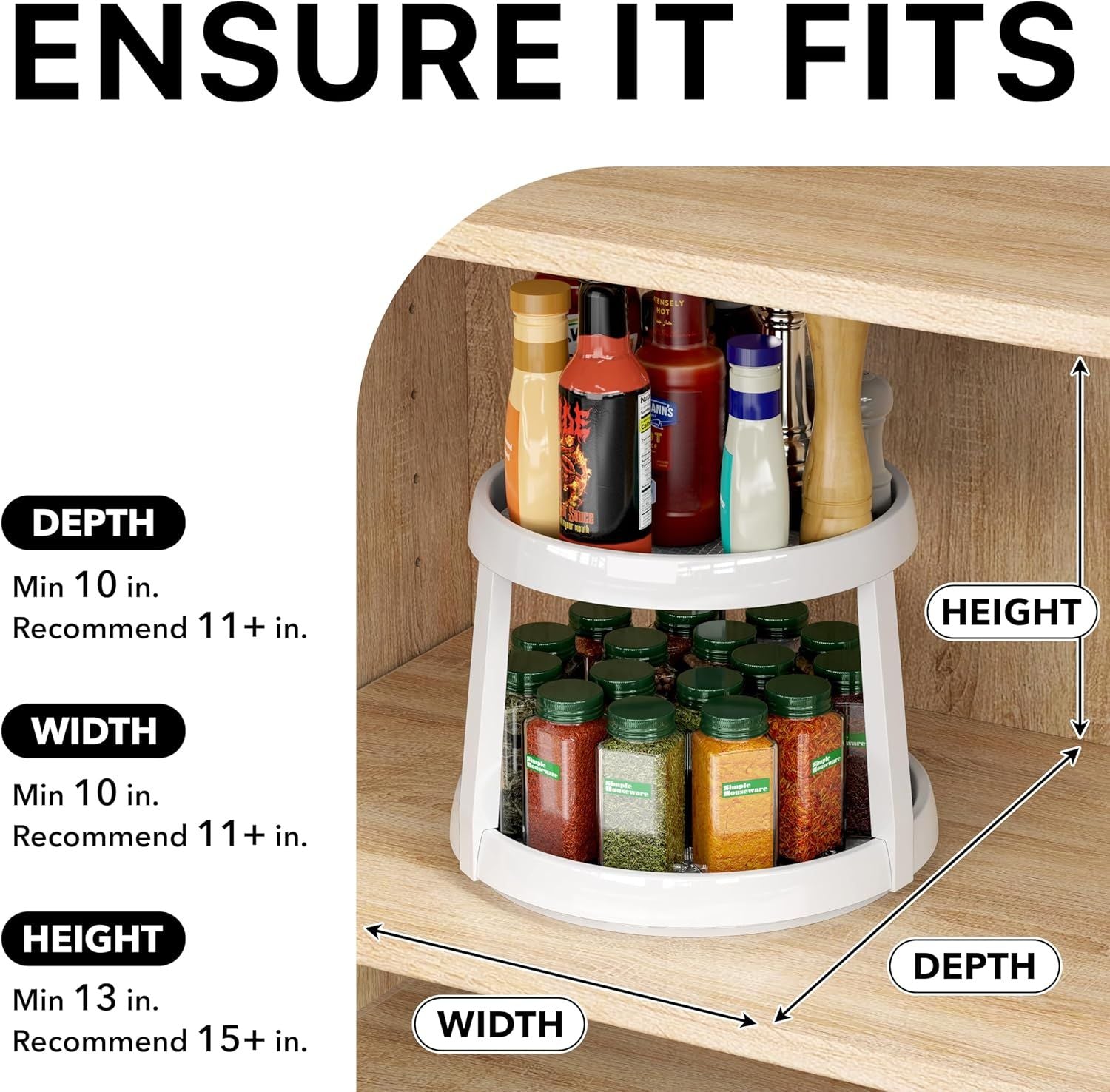 2-Tier Lazy Susan Spice Organizer, 10" Diameter, White/Gray