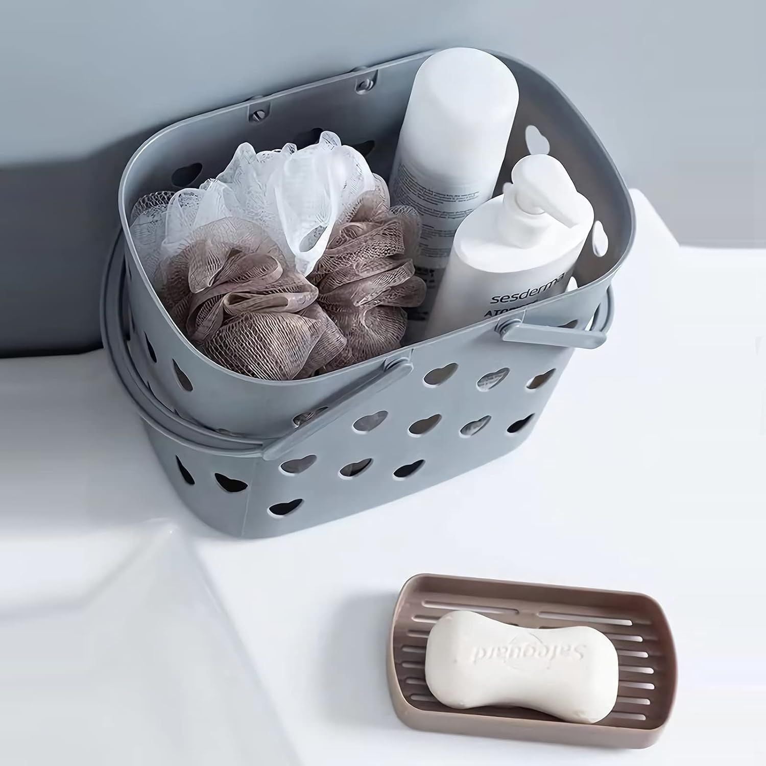 2 Pack Portable Shower Caddy Tote Plastic Storage Basket with Handle Box Organizer Bin for Bathroom, Pantry, Kitchen, College Dorm, Garage, Set of 2 - Pink & Grey