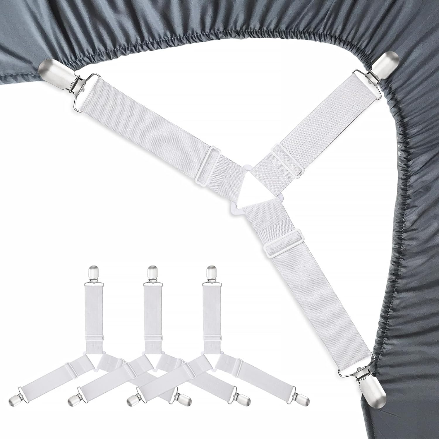 Bed Sheet Fasteners, Adjustable Mattress Suspenders, Mattress Cover Straps, Bed Corner Holder and Keepers and the Bed Sheet Grippers Clips Triangle White Set of 4