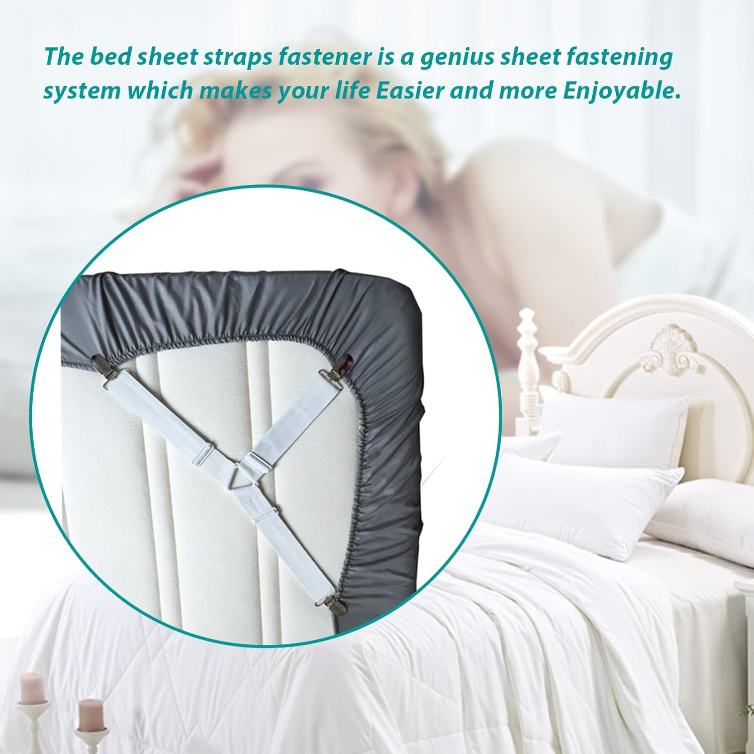 Bed Sheet Fasteners, Adjustable Mattress Suspenders, Mattress Cover Straps, Bed Corner Holder and Keepers and the Bed Sheet Grippers Clips Triangle White Set of 4