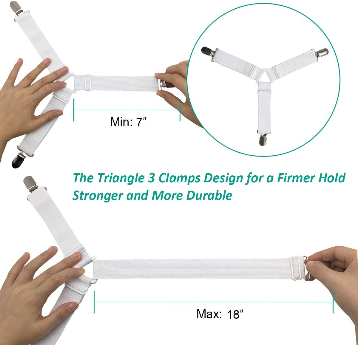 Bed Sheet Fasteners, Adjustable Mattress Suspenders, Mattress Cover Straps, Bed Corner Holder and Keepers and the Bed Sheet Grippers Clips Triangle White Set of 4