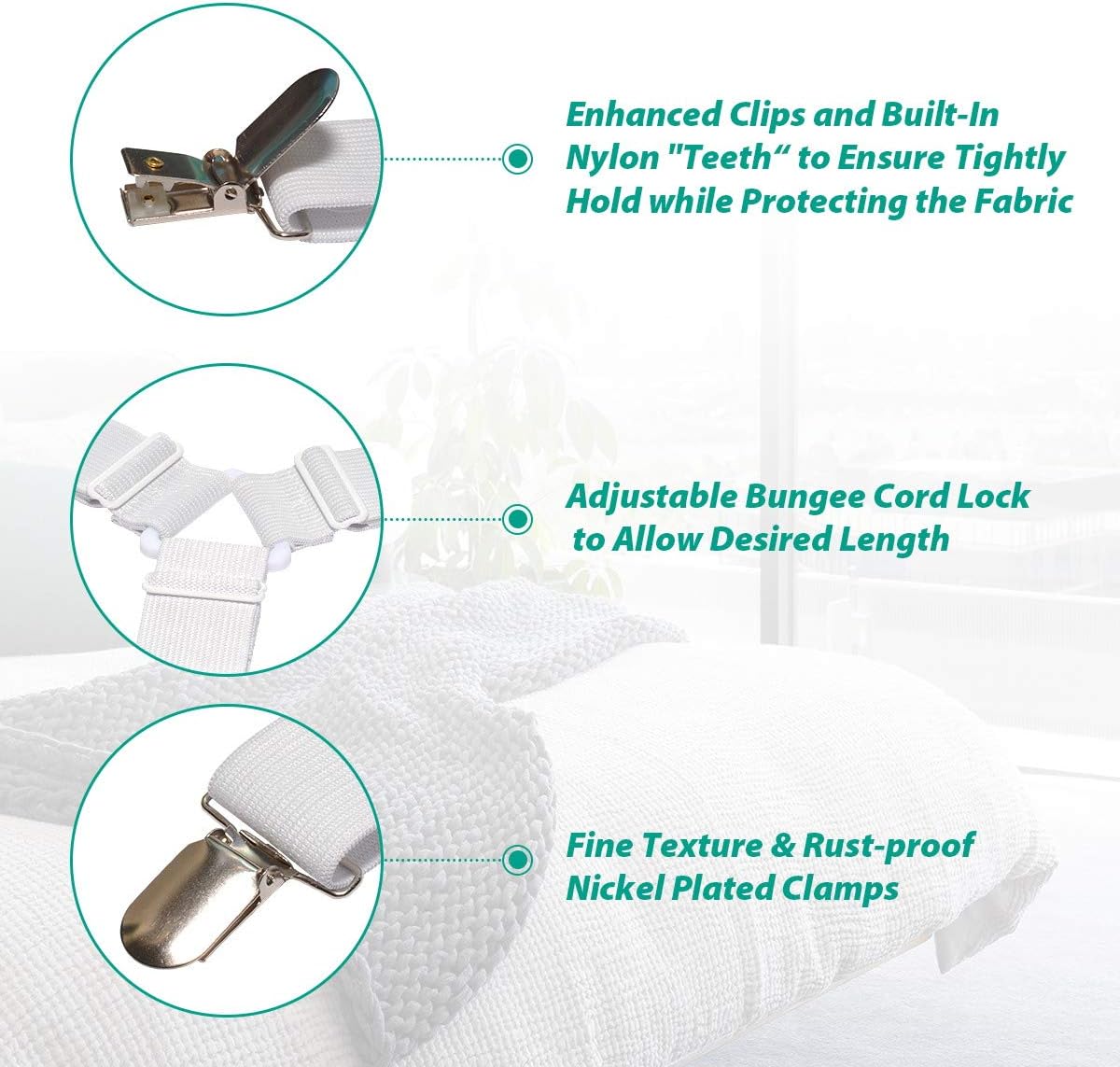 Bed Sheet Fasteners, Adjustable Mattress Suspenders, Mattress Cover Straps, Bed Corner Holder and Keepers and the Bed Sheet Grippers Clips Triangle White Set of 4