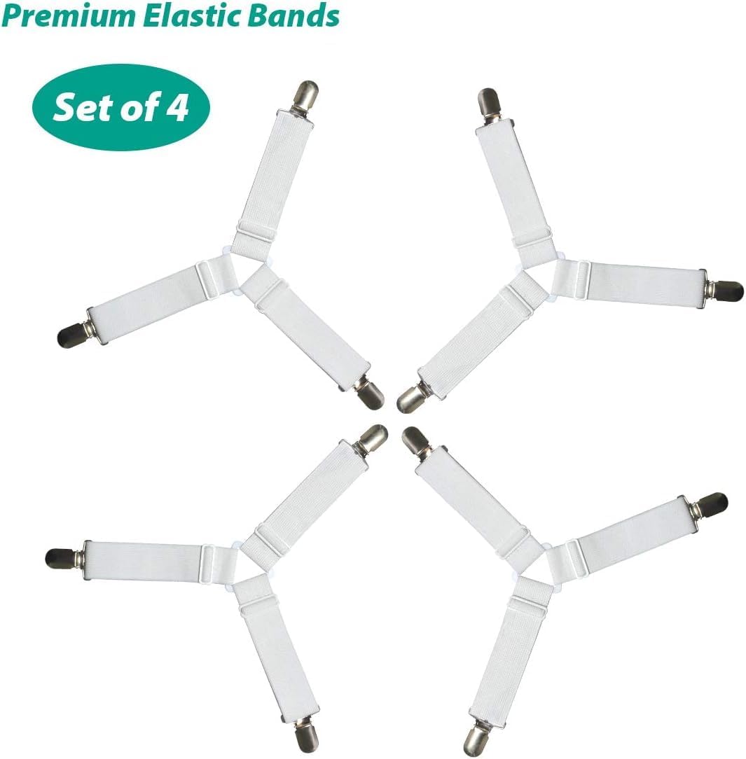 Bed Sheet Fasteners, Adjustable Mattress Suspenders, Mattress Cover Straps, Bed Corner Holder and Keepers and the Bed Sheet Grippers Clips Triangle White Set of 4